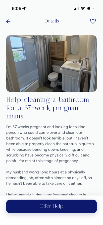 A real request on the Merit app: help cleaning a bathroom for a 37-week pregnant mama, with an Offer Help button
