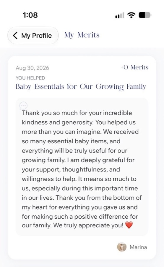 A thank-you note in the Merit app from Marina after receiving baby essentials for her growing family