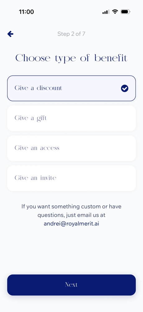 Merit app: Choose type of benefit — discount, gift, access, or invite