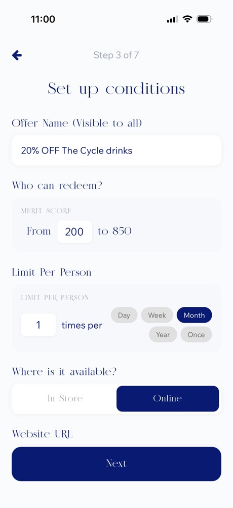 Merit app: Set up conditions — offer name, Merit Score threshold, limit per person, in-store or online