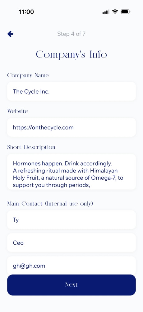Merit app: Company's info — name, website, short description, private contact