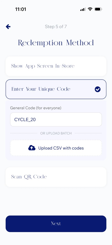 Merit app: Redemption method — show app screen in-store, enter a unique code, or scan a QR code