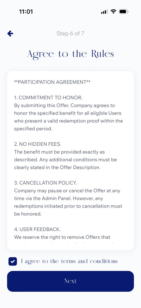 Merit app: Agree to the rules — participation agreement with one checkbox