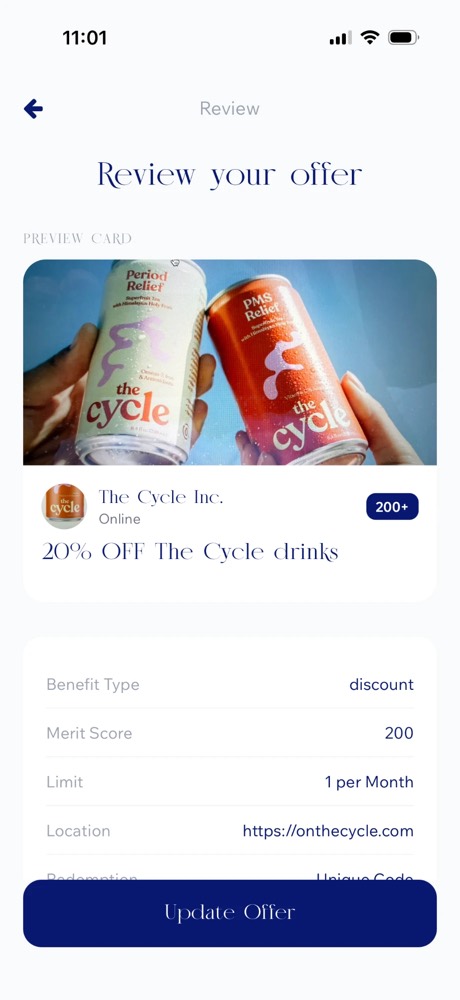 Merit app: Review your offer — preview card and all conditions on one screen